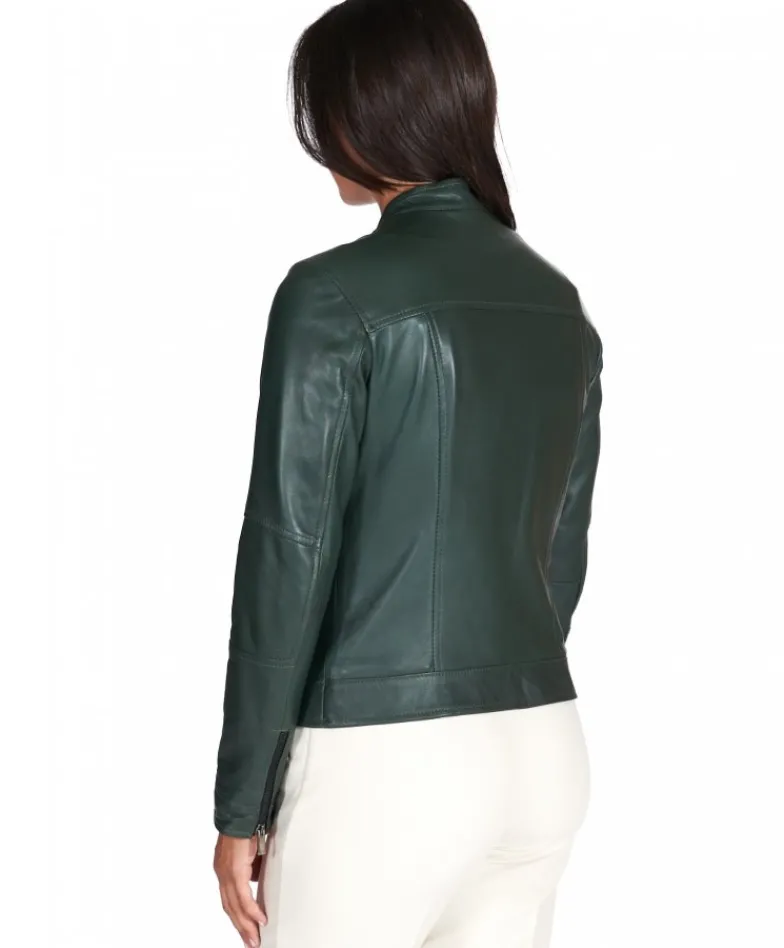Donna D'Arienzo Linda - Giacca biker in pelle naturale verde effetto liscio