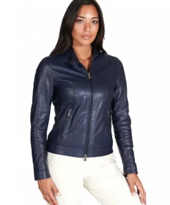 Donna D'Arienzo Linda - Giacca biker in pelle naturale blu effetto liscio