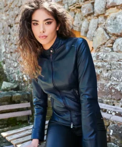Donna D'Arienzo Linda - Giacca biker in pelle naturale blu effetto liscio