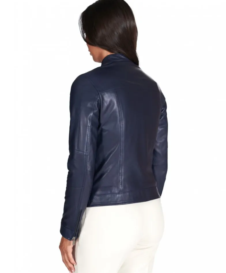 Donna D'Arienzo Linda - Giacca biker in pelle naturale blu effetto liscio