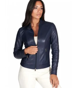 Donna D'Arienzo Linda - Giacca biker in pelle naturale blu effetto liscio