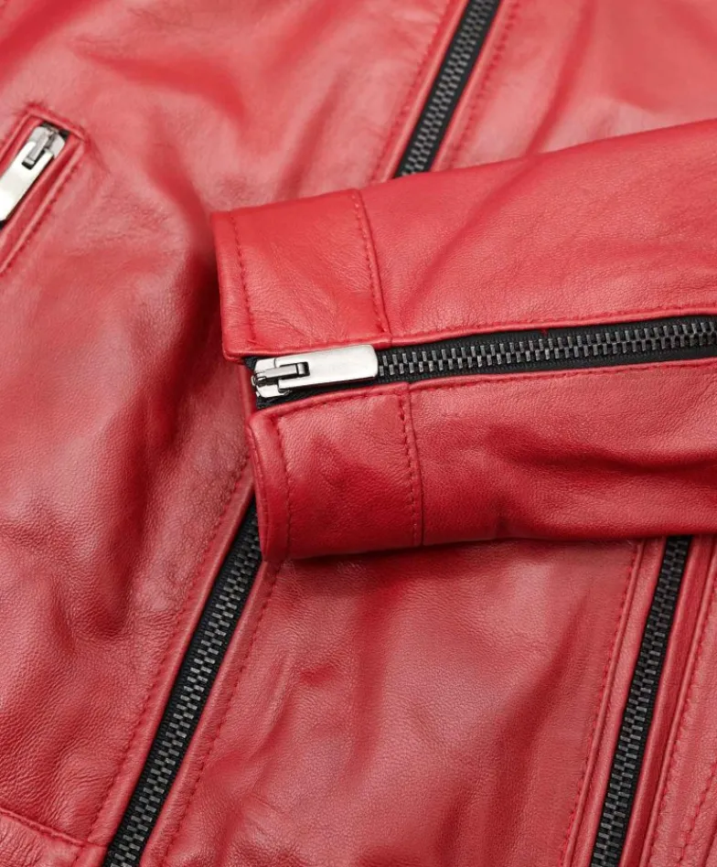 Donna D'Arienzo Linda - Giacca biker in pelle rossa nappa effetto liscio