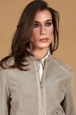 Donna D'Arienzo Linda - Giacca biker in pelle camoscio traforato grigio effetto liscio