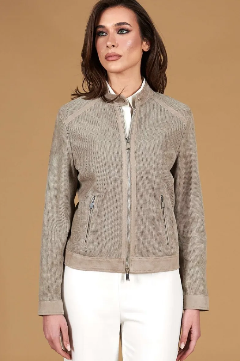 Donna D'Arienzo Linda - Giacca biker in pelle camoscio traforato grigio effetto liscio