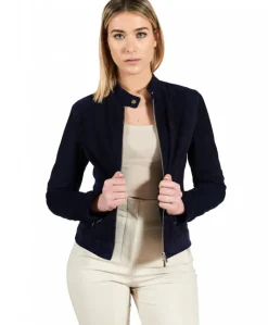 Donna D'Arienzo Linda - Giacca biker in pelle camoscio traforata blu effetto liscio