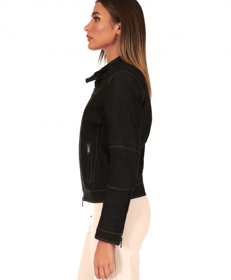 Donna D'Arienzo Linda - Giacca in pelle nubuck testa di moro con impunture a contrasto