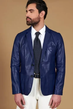 Uomo D'Arienzo Luke - Blazer in pelle naturale bluette con due bottoni