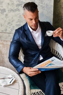 Uomo D'Arienzo Luke - Blazer in pelle naturale blu con due bottoni
