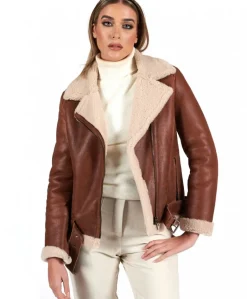 Donna D'Arienzo Malù - Montone shearling cuoio con cintura e cerniera trasversale