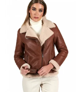 Donna D'Arienzo Malù - Montone shearling cuoio con cintura e cerniera trasversale