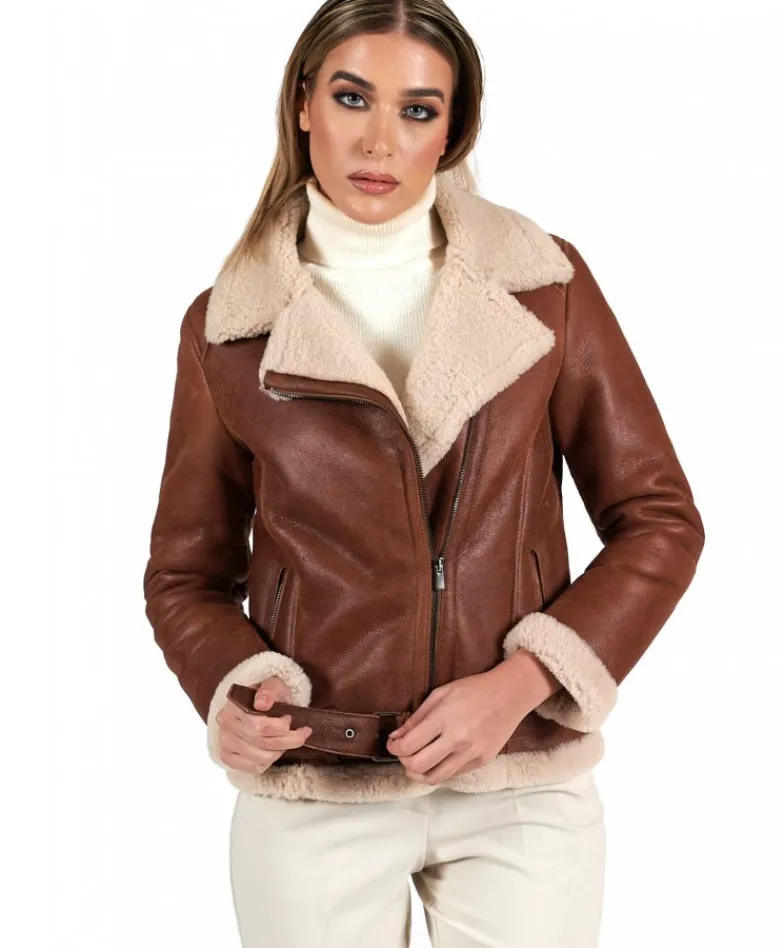 Donna D'Arienzo Malù - Montone shearling cuoio con cintura e cerniera trasversale