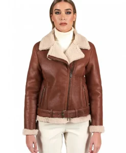 Donna D'Arienzo Malù - Montone shearling cuoio con cintura e cerniera trasversale
