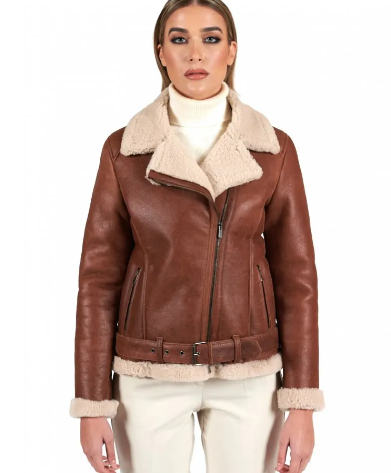Donna D'Arienzo Malù - Montone shearling cuoio con cintura e cerniera trasversale