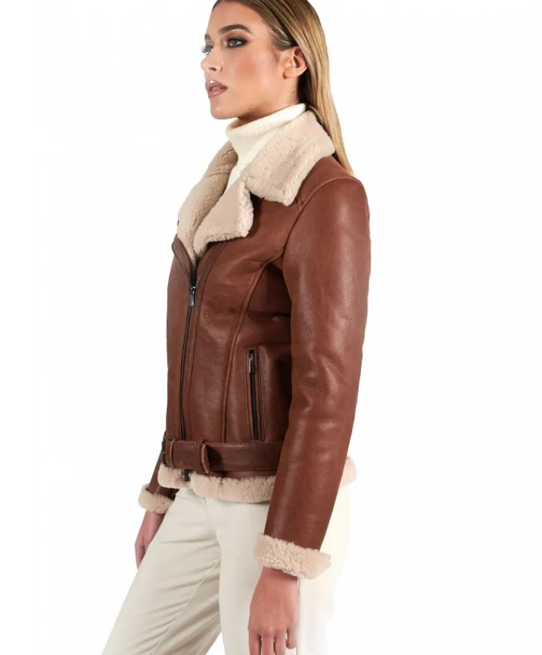 Donna D'Arienzo Malù - Montone shearling cuoio con cintura e cerniera trasversale