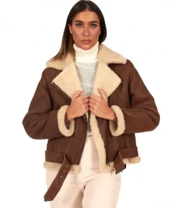 Donna D'Arienzo Malù - Montone shearling cuoio con cintura e cerniera trasversale