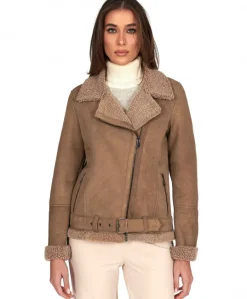 Donna D'Arienzo Malù - Montone shearling fango con cintura e cerniera trasversale