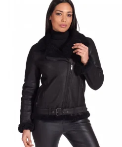 Donna D'Arienzo Malù - Montone shearling nero con cintura e cerniera trasversale