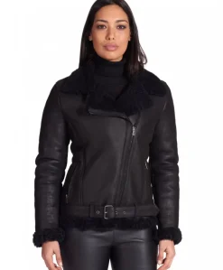 Donna D'Arienzo Malù - Montone shearling nero con cintura e cerniera trasversale