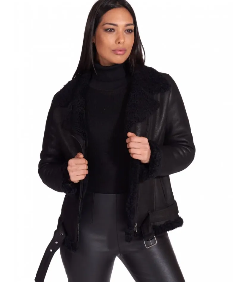 Donna D'Arienzo Malù - Montone shearling nero con cintura e cerniera trasversale