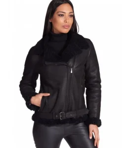 Donna D'Arienzo Malù - Montone shearling nero con cintura e cerniera trasversale