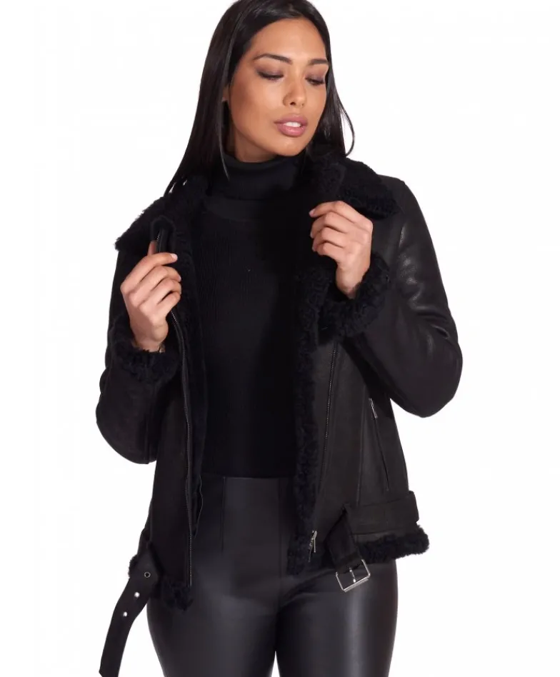 Donna D'Arienzo Malù - Montone shearling nero con cintura e cerniera trasversale