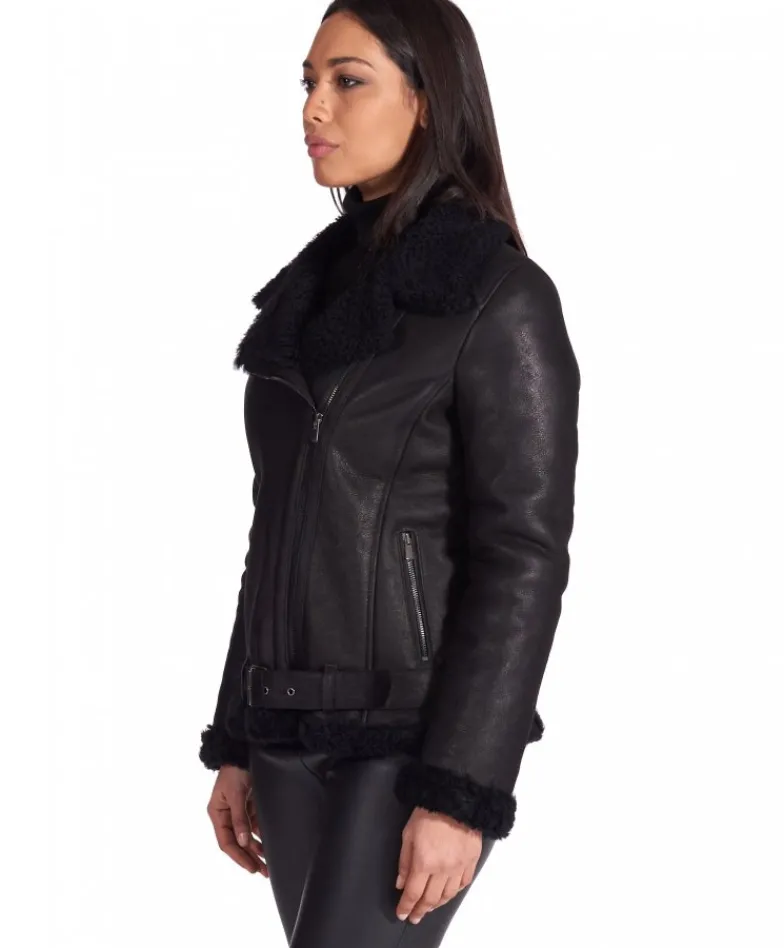 Donna D'Arienzo Malù - Montone shearling nero con cintura e cerniera trasversale