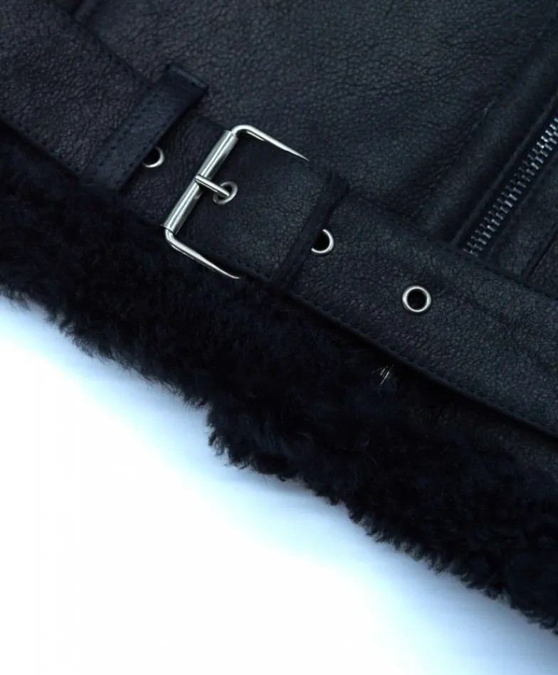 Donna D'Arienzo Malù - Montone shearling nero con cintura e cerniera trasversale