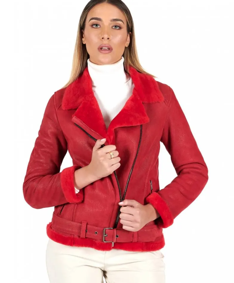 Donna D'Arienzo Malù - Montone shearling rosso con cintura e cerniera trasversale