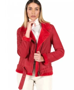 Donna D'Arienzo Malù - Montone shearling rosso con cintura e cerniera trasversale