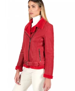 Donna D'Arienzo Malù - Montone shearling rosso con cintura e cerniera trasversale