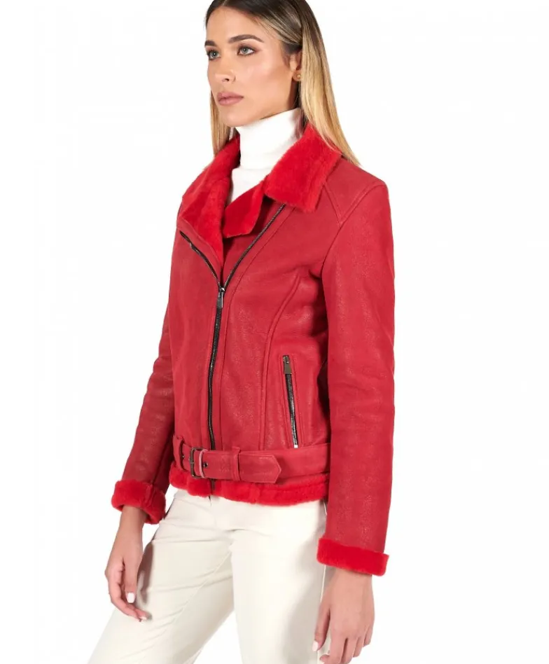 Donna D'Arienzo Malù - Montone shearling rosso con cintura e cerniera trasversale