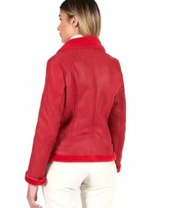 Donna D'Arienzo Malù - Montone shearling rosso con cintura e cerniera trasversale