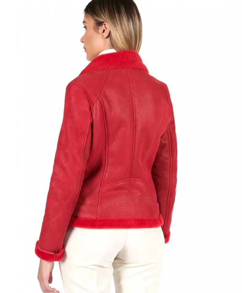 Donna D'Arienzo Malù - Montone shearling rosso con cintura e cerniera trasversale