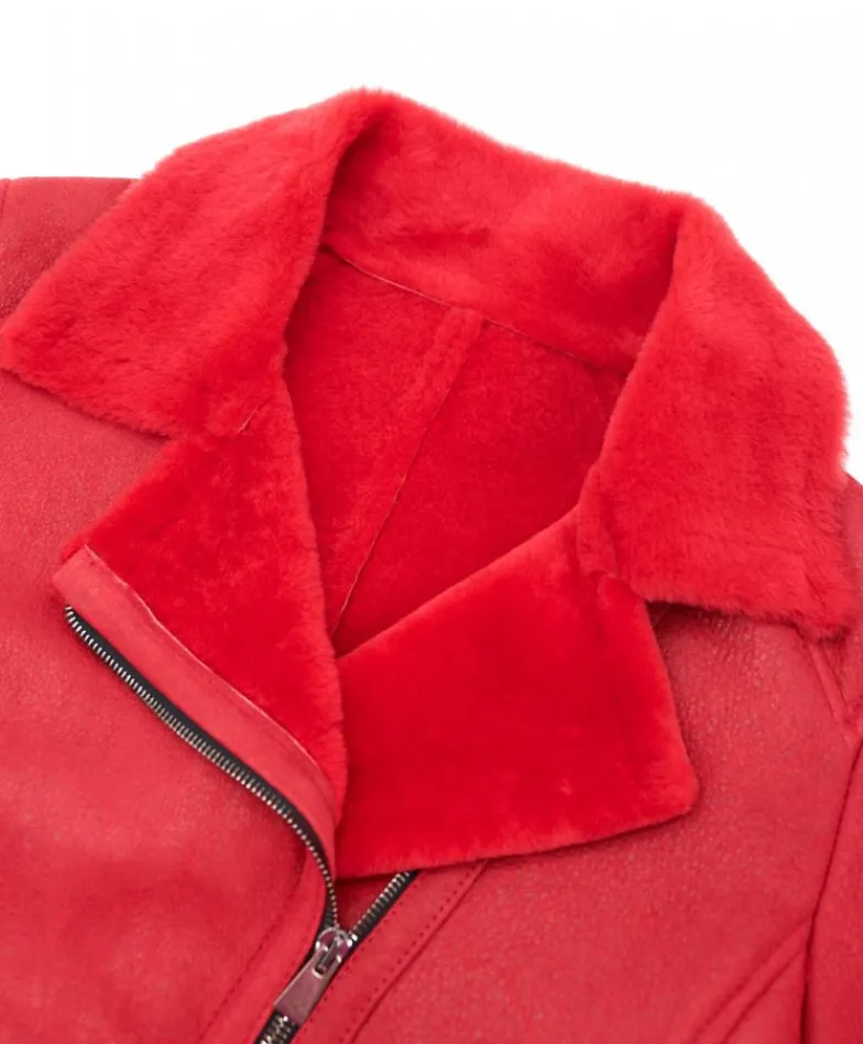 Donna D'Arienzo Malù - Montone shearling rosso con cintura e cerniera trasversale