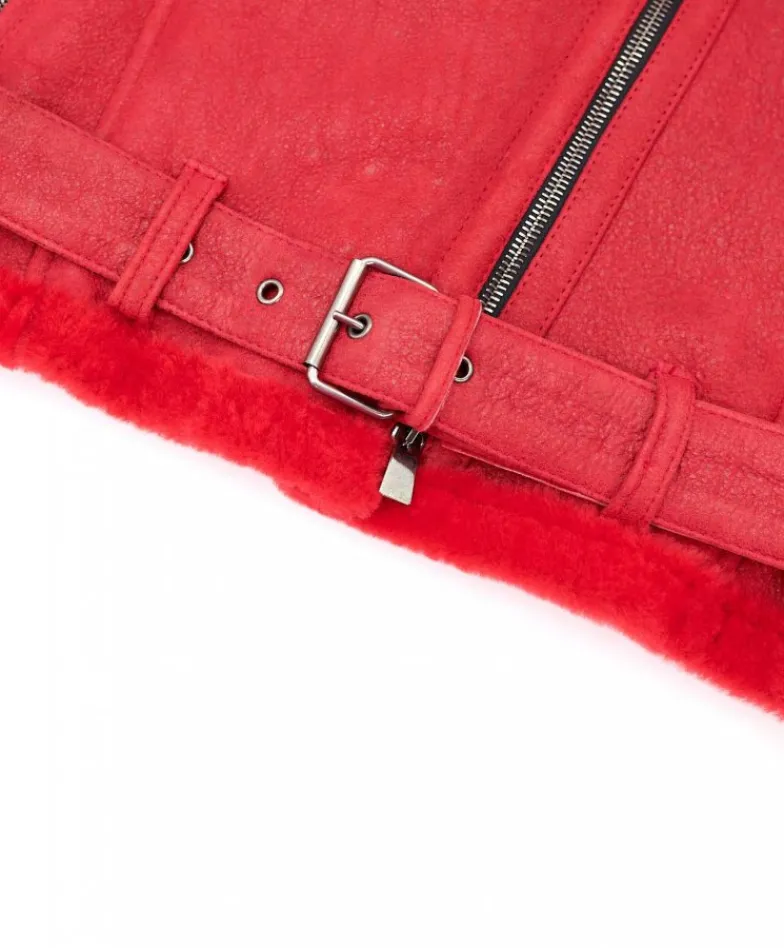 Donna D'Arienzo Malù - Montone shearling rosso con cintura e cerniera trasversale