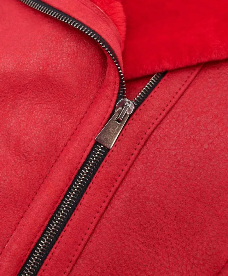 Donna D'Arienzo Malù - Montone shearling rosso con cintura e cerniera trasversale