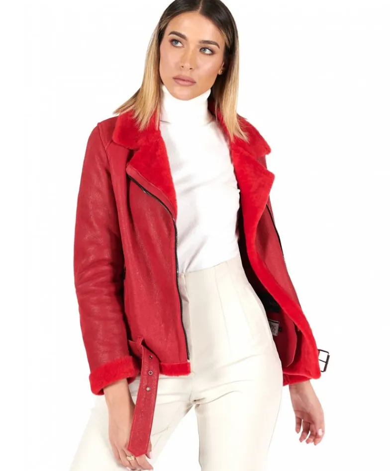 Donna D'Arienzo Malù - Montone shearling rosso con cintura e cerniera trasversale