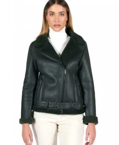 Donna D'Arienzo Malù - Montone shearling verde con cintura e cerniera trasversale