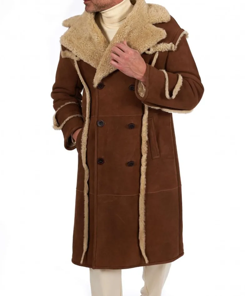 Uomo D'Arienzo M-Alix - Cappotto in montone scamosciato color cuoio doppiopetto
