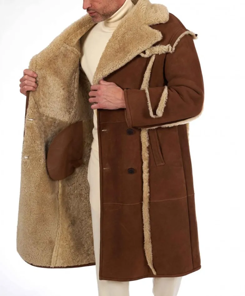 Uomo D'Arienzo M-Alix - Cappotto in montone scamosciato color cuoio doppiopetto