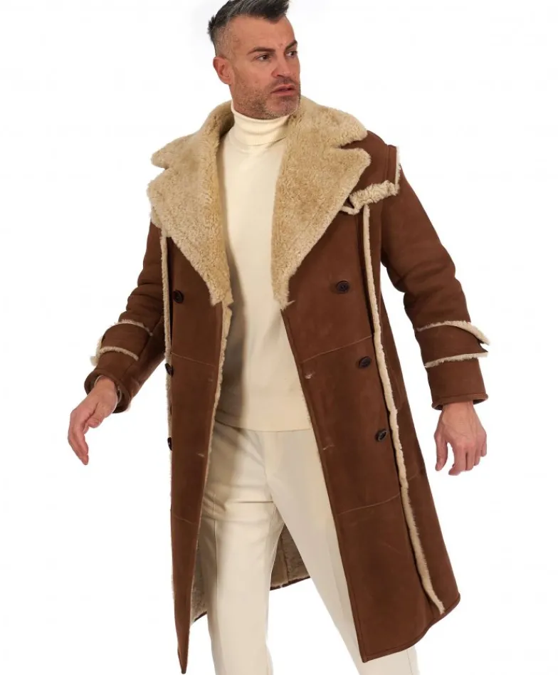 Uomo D'Arienzo M-Alix - Cappotto in montone scamosciato color cuoio doppiopetto
