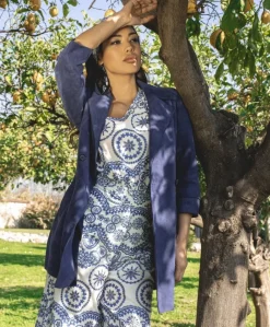 Donna D'Arienzo Marika - Cappottino in pelle scamosciata blu fodera tessuto