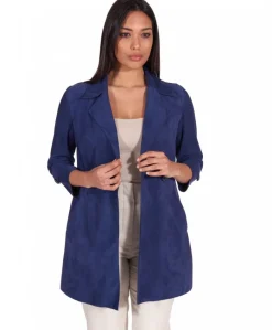 Donna D'Arienzo Marika - Cappottino in pelle scamosciata blu fodera tessuto