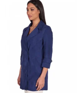 Donna D'Arienzo Marika - Cappottino in pelle scamosciata blu fodera tessuto