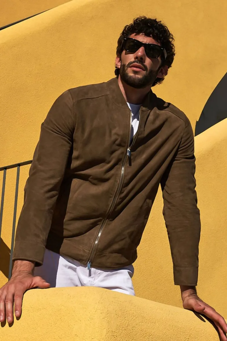 Uomo D'Arienzo Marlon - Giacca in pelle camoscio colore fango con cerniera