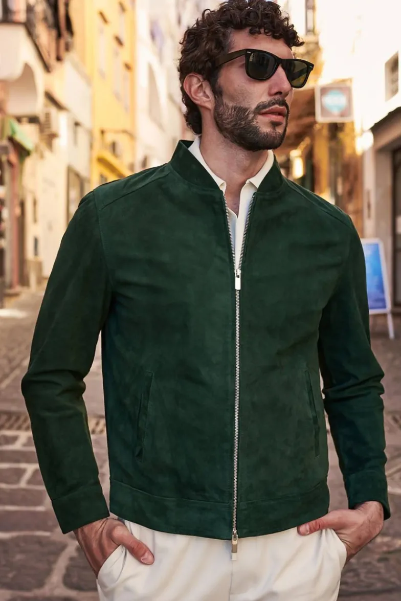 Uomo D'Arienzo Marlon - Giacca in pelle scamosciata colore verde con cerniera