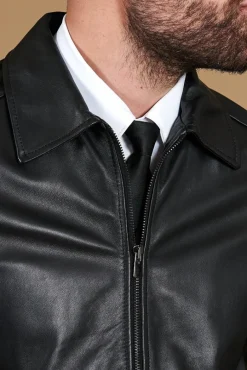 Uomo D'Arienzo Marlon Cam - Giacca in pelle nera nappa effetto liscio collo camicia