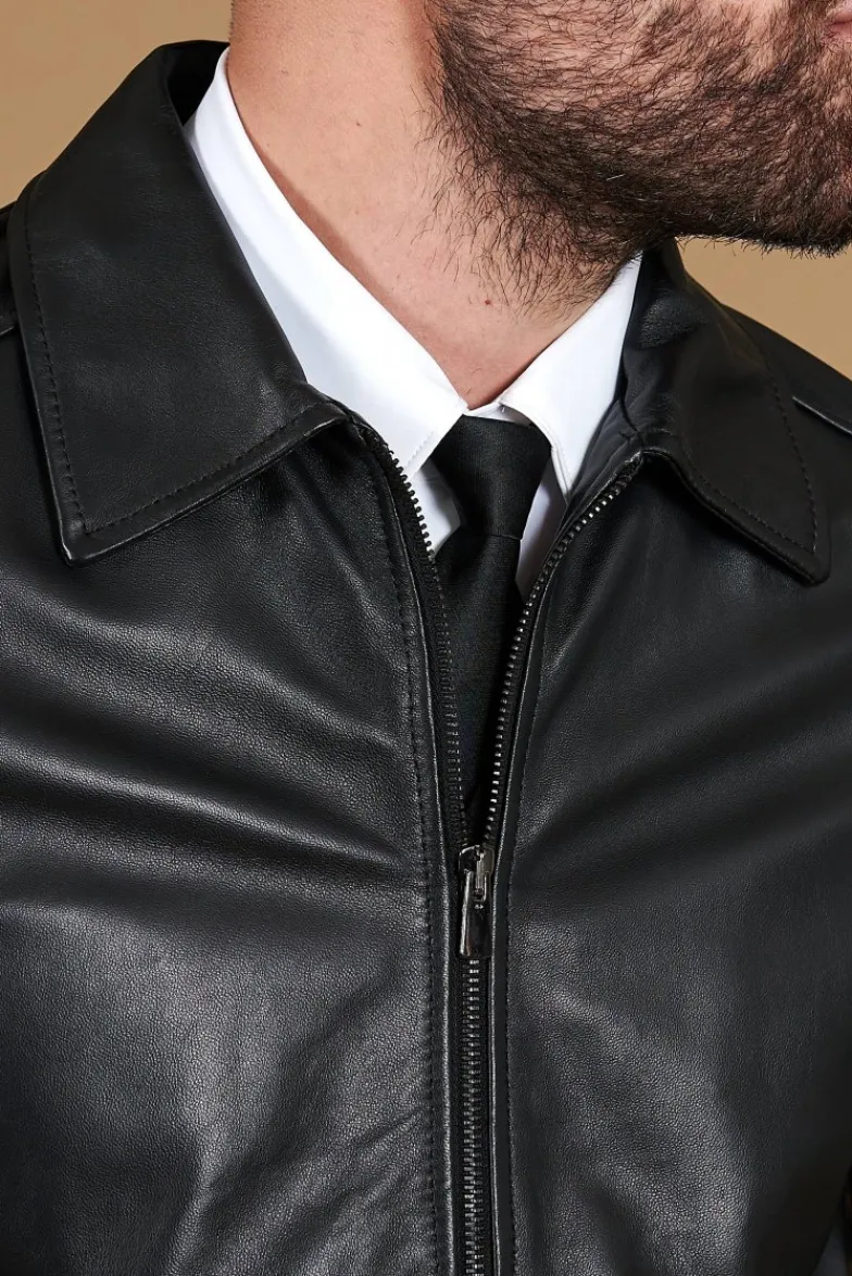 Uomo D'Arienzo Marlon Cam - Giacca in pelle nera nappa effetto liscio collo camicia