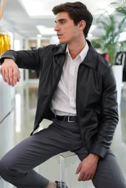Uomo D'Arienzo Marlon Cam - Giacca in pelle nera nappa effetto liscio collo camicia