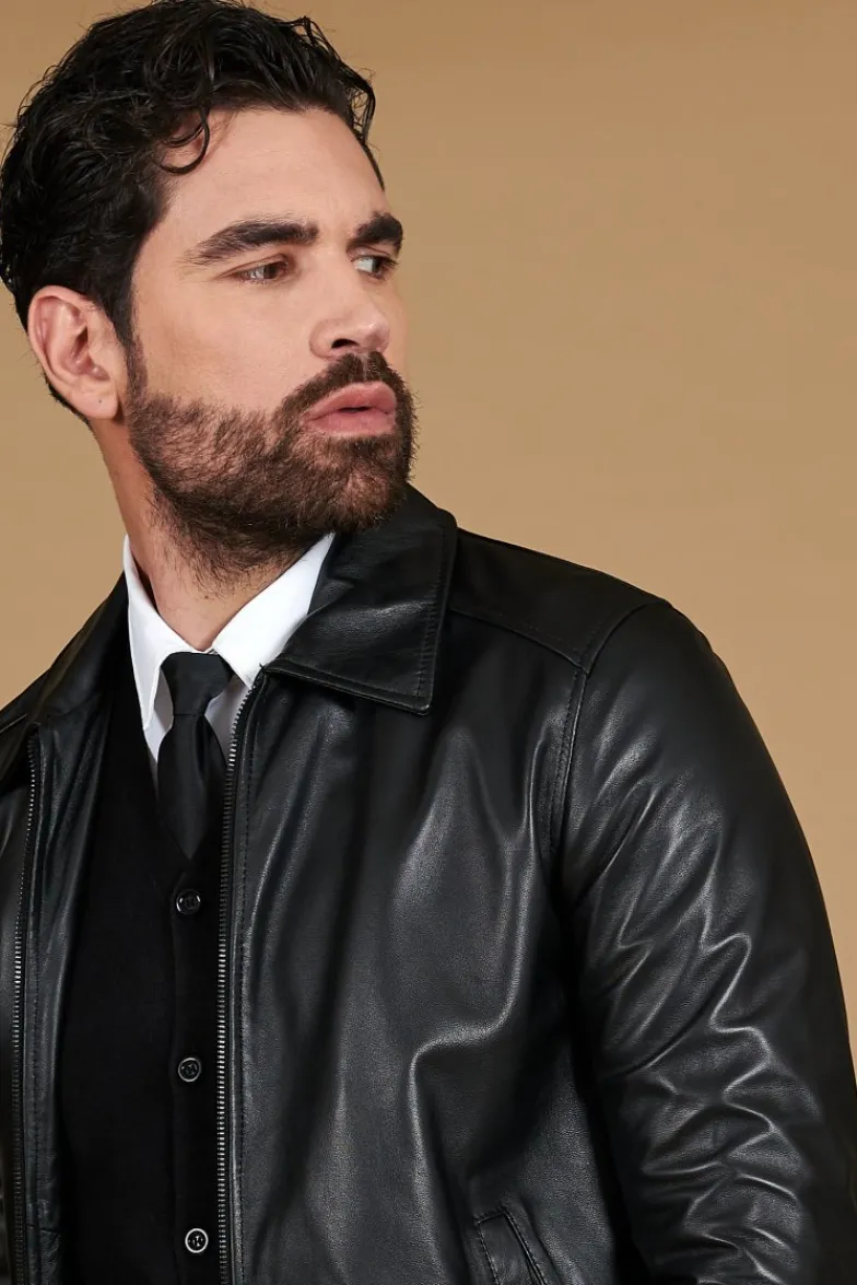 Uomo D'Arienzo Marlon Cam - Giacca in pelle nera nappa effetto liscio collo camicia